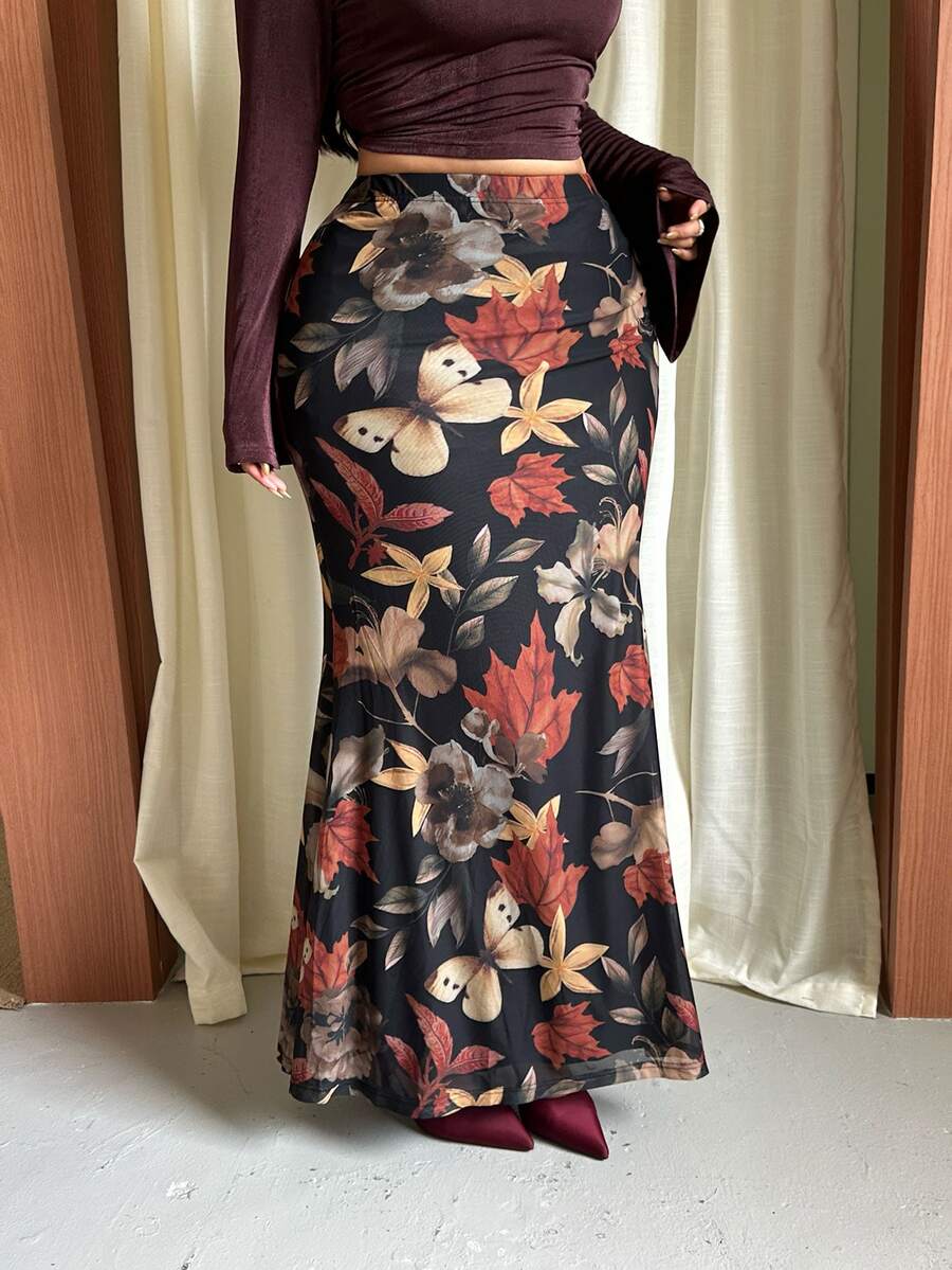 GalTyme Plus Size Women's Floral Print Casual Versatile Skirt - Multicolor - View 1