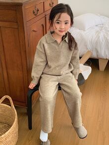 Dazy Kids Tween Girl) Casual Long Sleeve Sweater Top With Turn-Down Collar + Wide Leg Pants 2 Pieces Set - Apricot - View 6