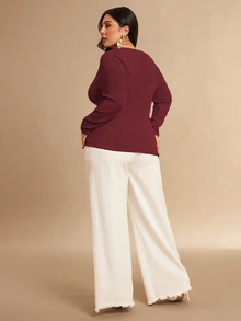 SHEIN BAE 大尺碼女款優雅金屬扣長袖時尚上衣 - 酒紅色 - 查看 2