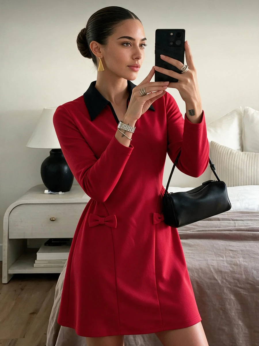 Flora Isola Flora Isola 女款復古撞色翻領長袖紅色傘擺洋裝 - 彩色 - 查看 1