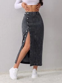 SHEIN Tall 女款高腰單排扣休閒牛仔裙職場穿搭 - 黑色 - 查看 7