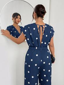 Firerie Plus Size Women Polka Dot Print V-Neck Wide Leg Jumpsuit - Navy Blue - View 2