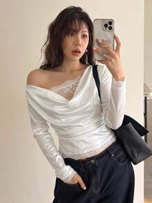 DAZY Solid Color Fitted Scoop Neck Long Sleeve Lace Trim Elegant Vacation Spring/Autumn Top Women T-Shirt - White - View 9