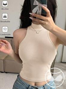 DAZY 女款純色修身短版掛脖背心上衣 - 米色 - 查看 3