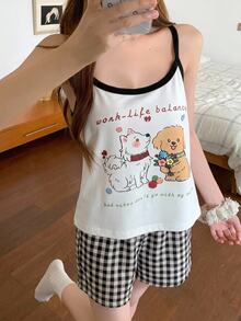 DAZY Happy Puppy Pattern Sleeveless Camisole Tank Top & Plaid Short Pajama Pants 2-Piece Set Summer Women's Sleepwear Outfit - Black - View 1