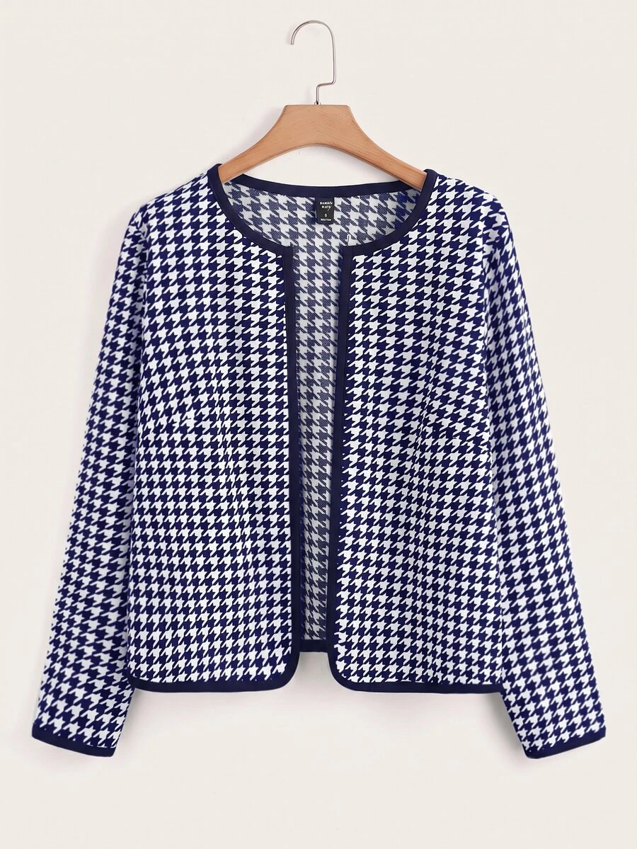 SHEIN Clasi 大尺碼復古優雅長袖粗花呢夾克,適合商務辦公 - 藍白色 - 查看 1