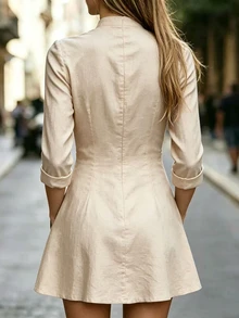 Trelyra Women's Solid Color Notch V-Neck Pocket Casual Mini Dress - Khaki - View 2