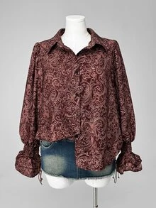Franclia Plus Size Casual Vintage Single-Breasted Printed Shirt Fall - Brown - View 4