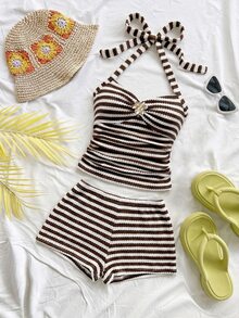 Soleia Women's Plus Size Brown Striped Halter Tank Top And Shorts Vacation 2 Pieces Set - Multicolor - View 4