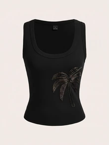 Opulessa Casual Solid Color Knitted Slim Fit Women's Tank Top - Black - View 5