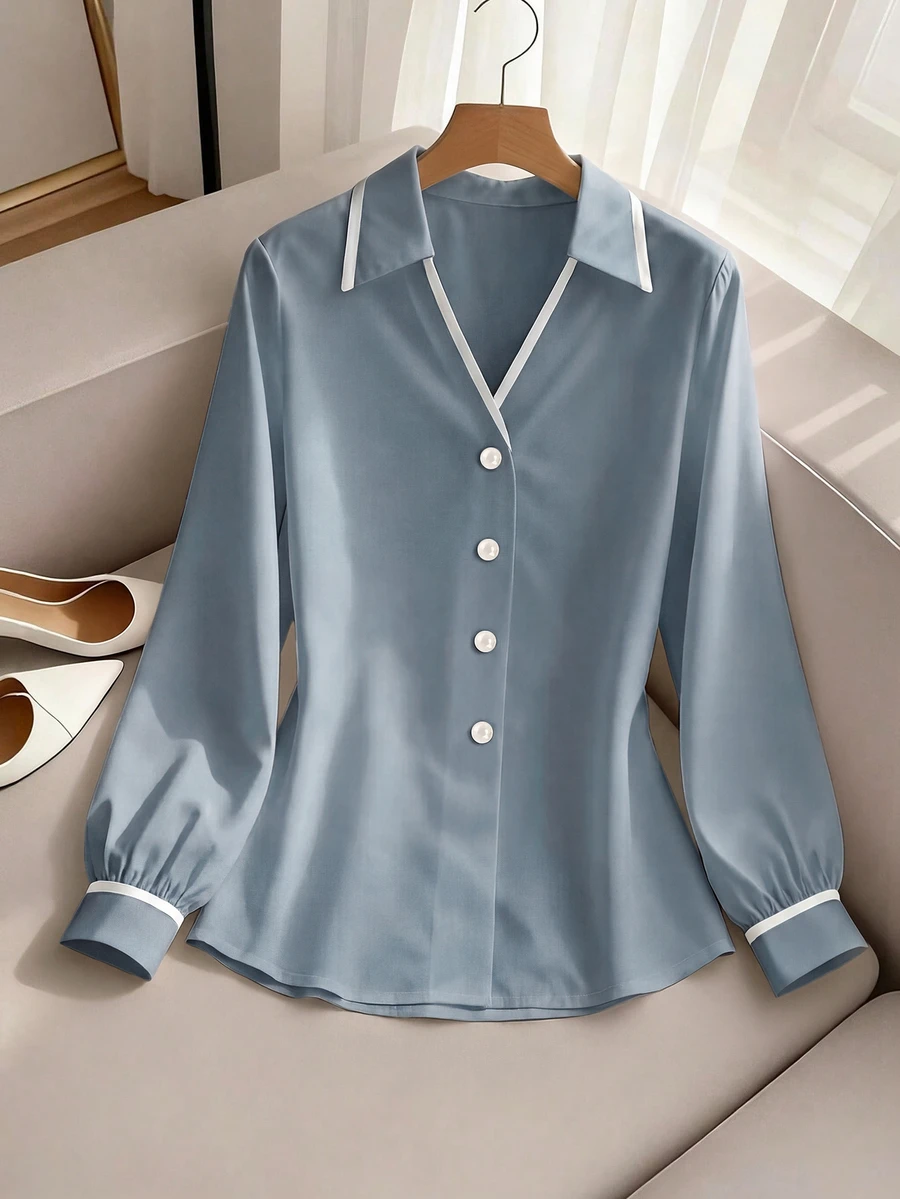 SHEIN Franclia 女款拼色休閒百搭日常穿著襯衫 - 霧霾藍 - 查看 1