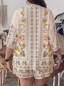 Freevana Plus Size Women's Floral Print 2 Pieces Vacation Set, Short Sleeve Shirt And Shorts Outfit - Multicolor - View 2