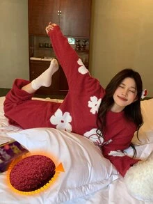 DAZY Autumn/Winter Soft & Cozy Floral Bow Half-Fleece 2 Pieces Pajama Set Loungewear For Women - Red - View 6