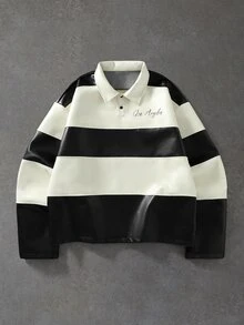 ROMWE MEN 男士秋冬 PU拼接 Polo 衫 - 黑與白 - 查看 1