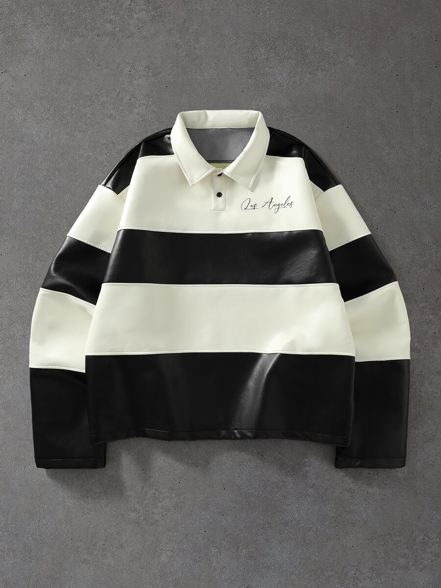 ROMWE MEN 男士秋冬 PU拼接 Polo 衫 - 黑與白 - 查看 1
