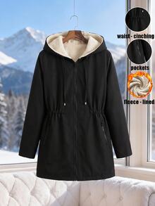SHEIN Clasi 女款純色保暖內裡休閒百搭日常穿著連帽外套 - 黑色 - 查看 1