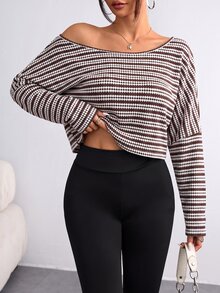 Flirla 女款條紋圓領長袖T恤，舒適休閒Y2K街頭時尚，百搭秋/冬日常穿搭上衣 - 鏽棕色 - 查看 3