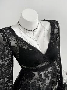 Elamini Women's V-Neck Floral Lace Bell Sleeve Sexy Blouse - Black - View 4
