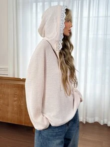 Easowa 女款甜美時尚鈕扣蕾絲拼接連帽衛衣 - 杏色 - 查看 2