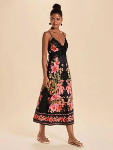 Travachic Women's Floral Print Lace Patchwork Spaghetti Strap Vacation Dress - Multicolor - View 4