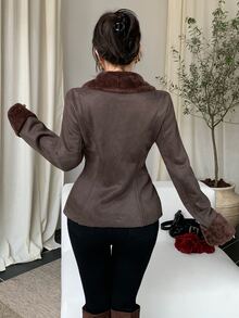 DAZY Women's Vintage Faux Suede Short Jacket With Fur Collar, Autumn/Winter - Brown - View 5
