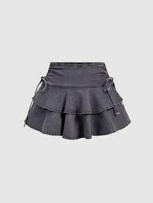 SHEIN MOD 女款街頭風荷葉邊下擺綁帶腰牛仔迷你裙 - 灰色 - 查看 1