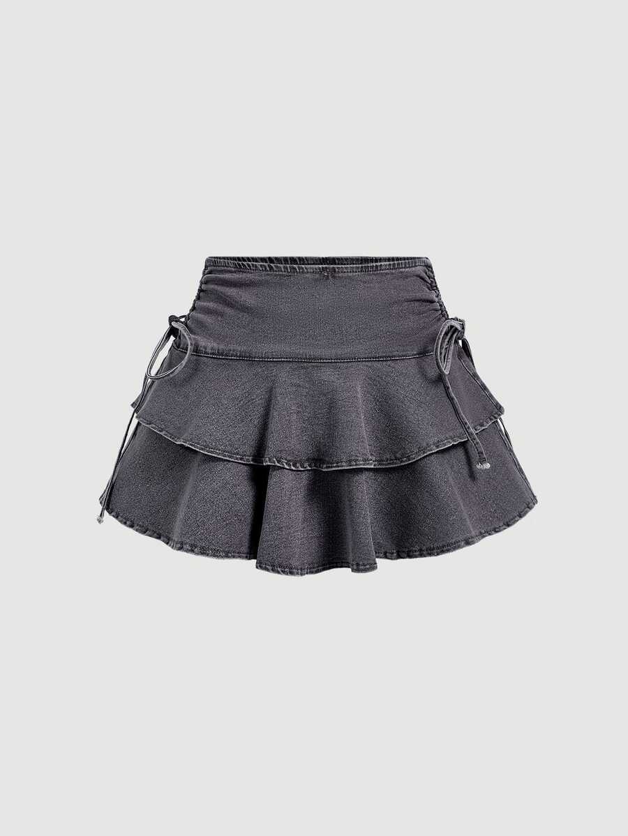 SHEIN MOD 女款街頭風荷葉邊下擺綁帶腰牛仔迷你裙 - 灰色 - 查看 1