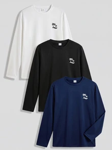 SHEIN 青少年男孩黑色對比色椰子樹小圖案長袖潛水泳衣，休閒學院風，舒適時尚，極簡實用百搭，柔軟面料，適合日常穿著、游泳、旅行、戶外運動、海灘度假、潛水，春夏適用 - 藏蓝色 - 查看 5
