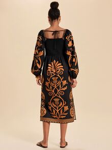 Travachic Women's Floral Print Square Neck Lantern Sleeve Elegant Midi Dress - Black and Yellow - View 2