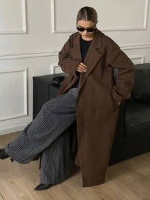 DAZY Brown Lapel Double-Breasted Loose Oversized Overcoat Jacket For Women, Casual Autumn/Winter - Coffee Brown - View 6
