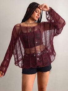 Freevana Plus Size Slash Neck Distressed Fr Halloween Going Out Club Dark Purple Autumn Sexy Business Casual - Burgundy - View 5