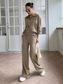 Livesso Petite Setelan Sweater Lengan Panjang Berkerah Warna Polos dan Celana Rajut dengan Ikat Pinggang untuk Wanita - Coklat - View 4
