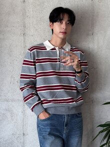 DAZY 男士長袖灰色與酒紅條紋對比領 Polo 毛衣 - 彩色 - 查看 4