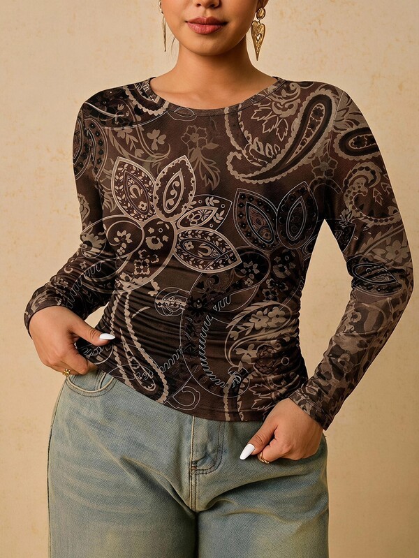 Freevana Brown Pattern Plus Size Women's Long Sleeve T-Shirt, Suitable For Autumn/Winter Wear