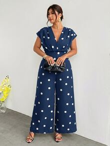 Firerie Plus Size Women Polka Dot Print V-Neck Wide Leg Jumpsuit - Navy Blue - View 4