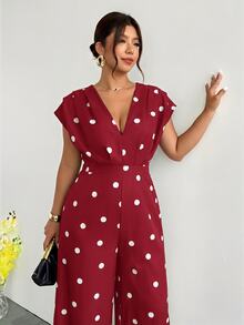 Firerie Plus Size Fashion Polka Dot Print Pleated Loose Jumpsuit - Burgundy - View 3