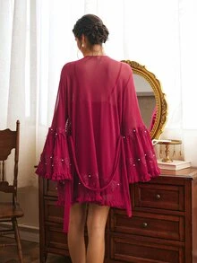 Côtesoire Women's French Elegant Mesh 3D Floral Patchwork Pearl Robe, Velvet Camisole Slip Dress Nightwear Set - Burgundy - View 2