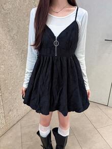 FRIFUL Women's Solid Color Zipper Front Casual Peplum Hem Cami Tank Top Fall - Black - View 3