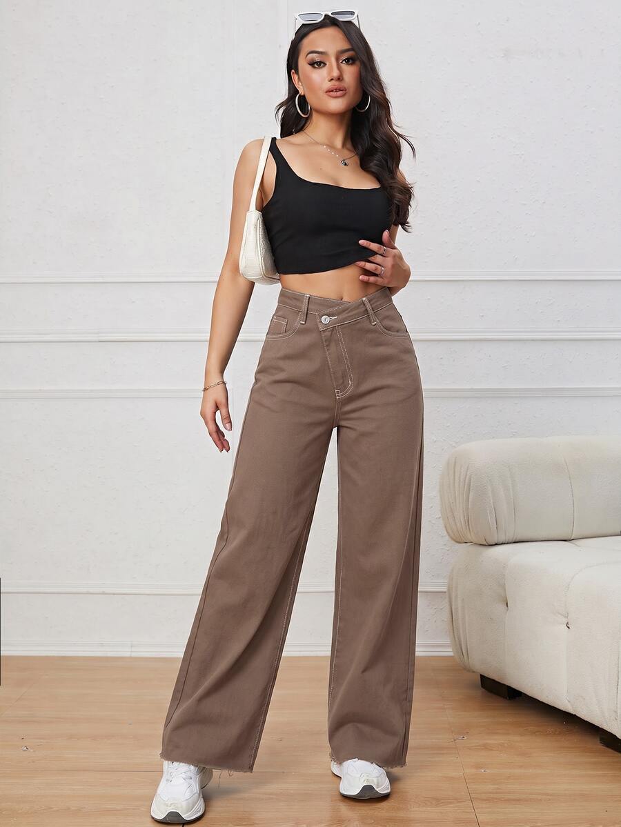 SHEIN ICON 女款時尚不對稱腰部鈕扣牛仔褲 - 摩卡棕 - 查看 1