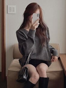 DAZY Women's Solid Color Loose V-Neck Long Sleeve Casual Vacation Autumn/Winter Knit Sweater - Grey - View 7