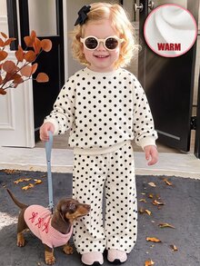 Baby Girl Vintage Cute Dopamine Black & White Contrast Polka Dot Soft Thick Long Sleeve Crew Neck Pullover Sweatshirt & Wide Leg Pants Set, Suitable For Autumn/Winter, Korean Style, Casual Comfortable, Fashion Kids Wear, Y2K, Vacation Comfort - Multicolor - View 3