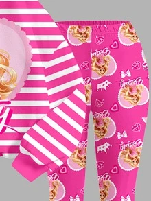女童休閒極簡可愛粉色條紋卡通公主愛心蝴蝶結圖案寬鬆圓領長袖衛衣與喇叭褲兩件套，適合秋冬街頭復古風，舒適隨性，兒童秋季疊穿，Y2K運動套裝，適合出遊、街拍、校園、休閒 - 彩色 - 查看 6