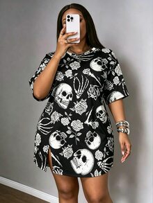 Slaydiva 大尺碼女款骷髏圖案休閒日常夏季洋裝 - 彩色 - 查看 4