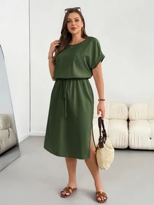 Shapeblank Plus-Size Women's Summer Fashionable Casual Loose Comfortable Everyday Slimming Midi Dress - Army Green - View 5
