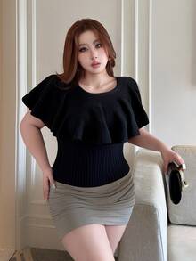Vibekara Autumn/Winter Fashion Slimming Cold Shoulder Black Ruffle Off Shoulder Knit Pullover Sweater - Black - View 6