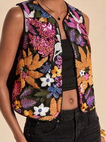 Travachic Women's Vintage Exquisite Sequin Embroidered Vest Jacket - Multicolor - View 4