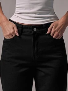 MUSERA 中腰直筒修身白色水洗高腰牛仔褲 休閒冬季夜生活返校辦公工作約會簡約時尚春夏款 - 黑色 - 查看 2