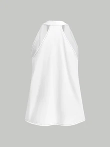 LUMIGAL 女款拼色休閒百搭日常穿搭掛脖牛仔上衣 - 白色 - 查看 4