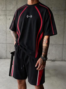 Sport MetroGents Men's Barbell Pattern Short Sleeve Top And Shorts Casual Daily Sports Set, Gym - Multicolor - View 3