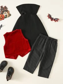 SHEIN 中性嬰兒男/女童 幼兒 3件組可愛吸血鬼套裝 秋冬多件式洋裝套裝 嬰兒服裝 德古拉伯爵服飾 萬聖節 - 酒紅色 - 查看 2